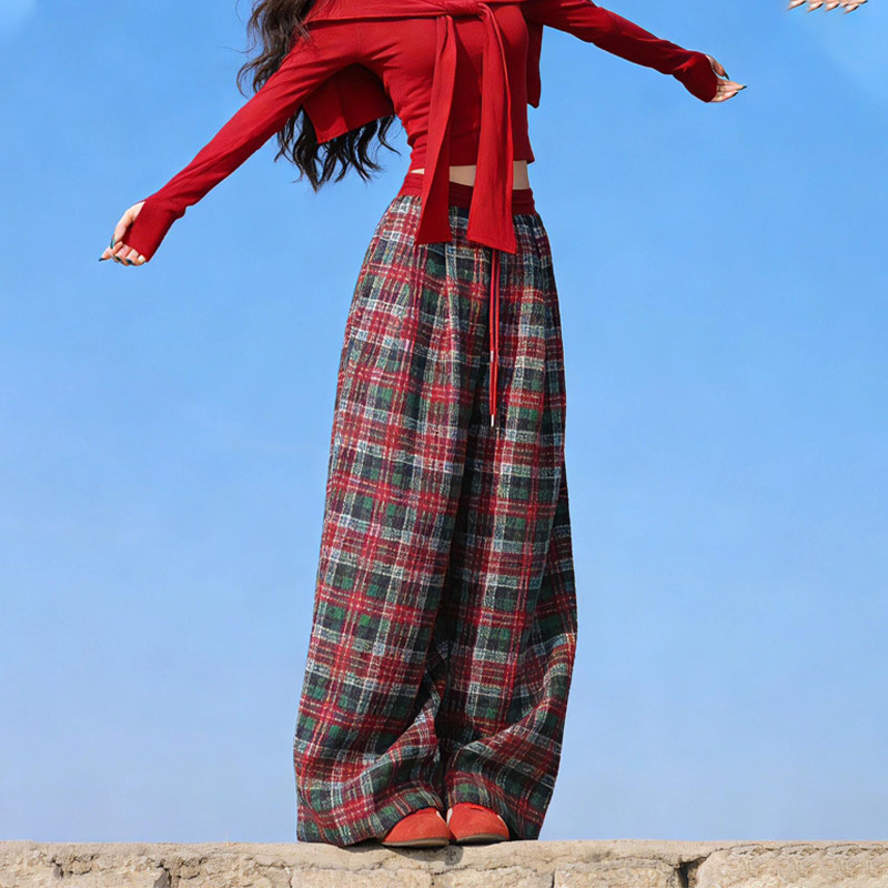 欧货高端定制红色毛呢大码格纹阔腿裤女2026早春新款慵懒风弯刀裤,女装/女士精品,大码裤装,淘宝优惠券,粉丝福利购,淘宝优惠卷