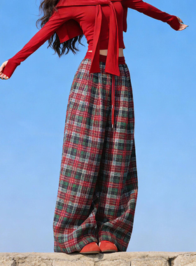 欧货高端定制红色毛呢大码格纹阔腿裤女2026早春新款慵懒风弯刀裤