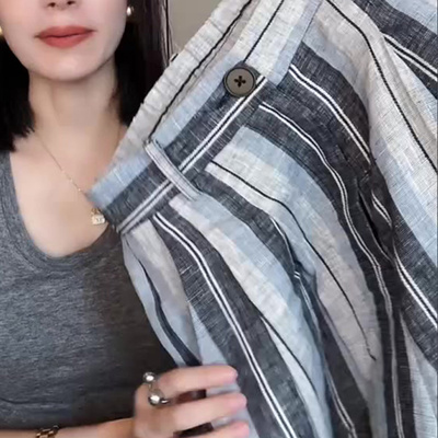 高级感条纹设计流行大码亚麻裤女