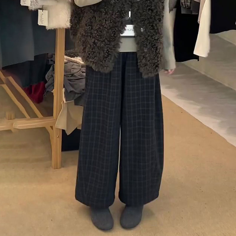高端定制藏青色格子大码阔腿裤女