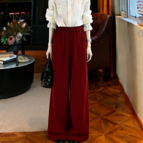 欧货高端定制深红色大码阔腿卫裤