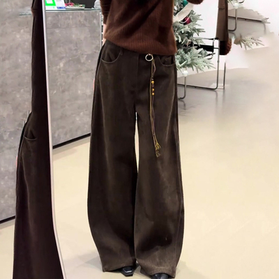 欧货高端定制棕色大码松弛阔腿裤
