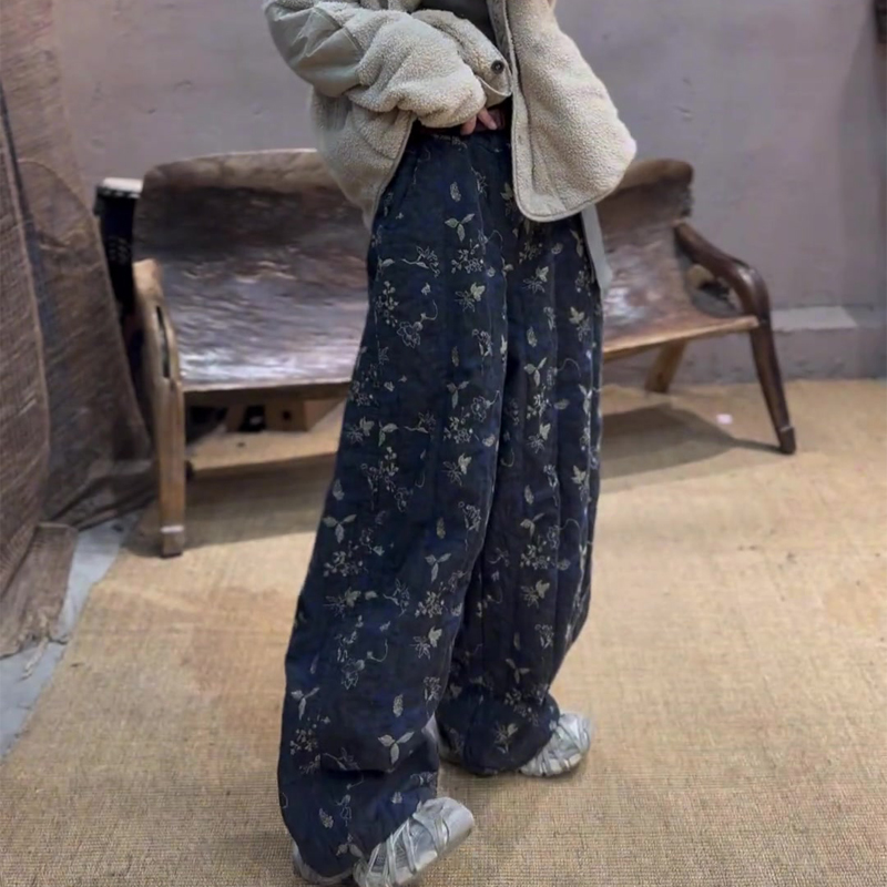 高端定制藏蓝色印花大码阔腿裤女