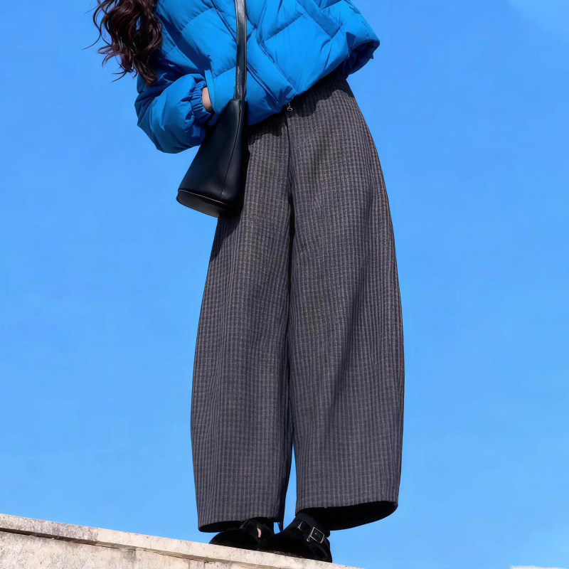 高端定制深灰色毛呢格纹阔腿裤女