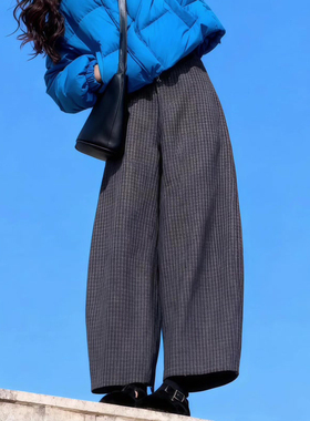 高端定制深灰色毛呢大码格纹阔腿裤女2025冬季新款加厚慵懒弯刀裤