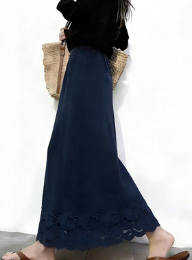 欧货高端定制蓝色毛呢大码半身裙女2025冬季新款加厚蕾丝边A字裙