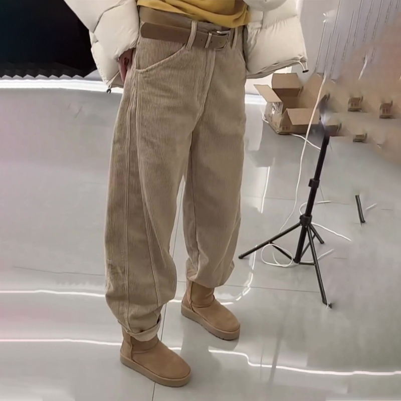 高端定制卡其色灯芯绒大码阔腿裤