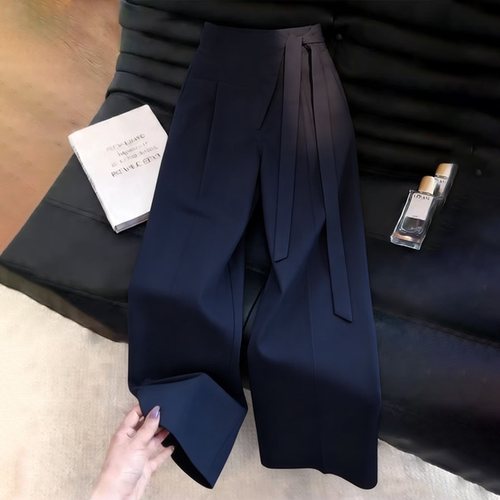 高端定制藏青色大码系带阔腿裤女