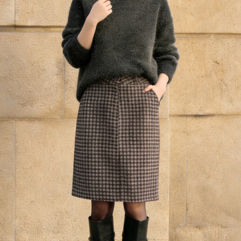 欧货高端定制咖色毛呢大码半身裙女2026早春新款格纹慵懒A字裙子,女装/女士精品,大码半身裙,淘宝优惠券,粉丝福利购,淘宝优惠卷