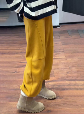 欧货高端定制黄色毛呢大码阔腿裤女2026早春新款松弛感休闲直筒裤