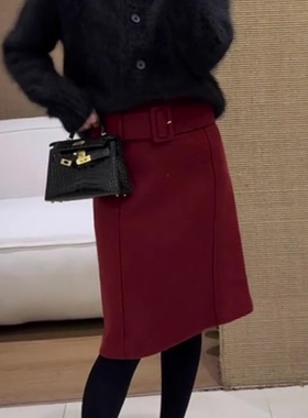 欧货高端定制深红色毛呢大码半身裙女2026早春新款轻熟风A字裙子