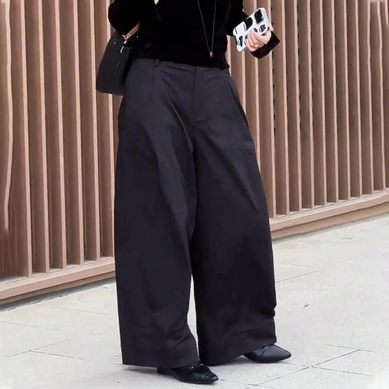 高端定制深灰色大码阔腿西装裤女