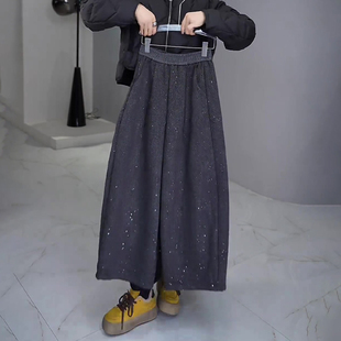 灰色亮片毛呢保暖九分阔腿裤女2025年秋冬新款韩系休闲松弛感卫裤