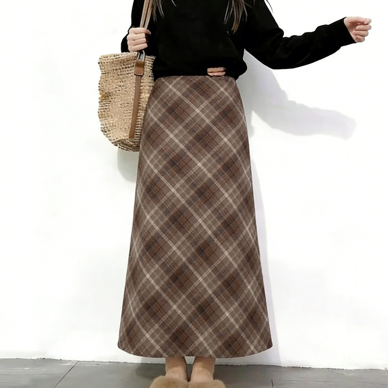 欧货高端定制棕色格纹大码半身裙女2026早春新款温柔复古A字裙子,女装/女士精品,大码半身裙,淘宝优惠券,粉丝福利购,淘宝优惠卷