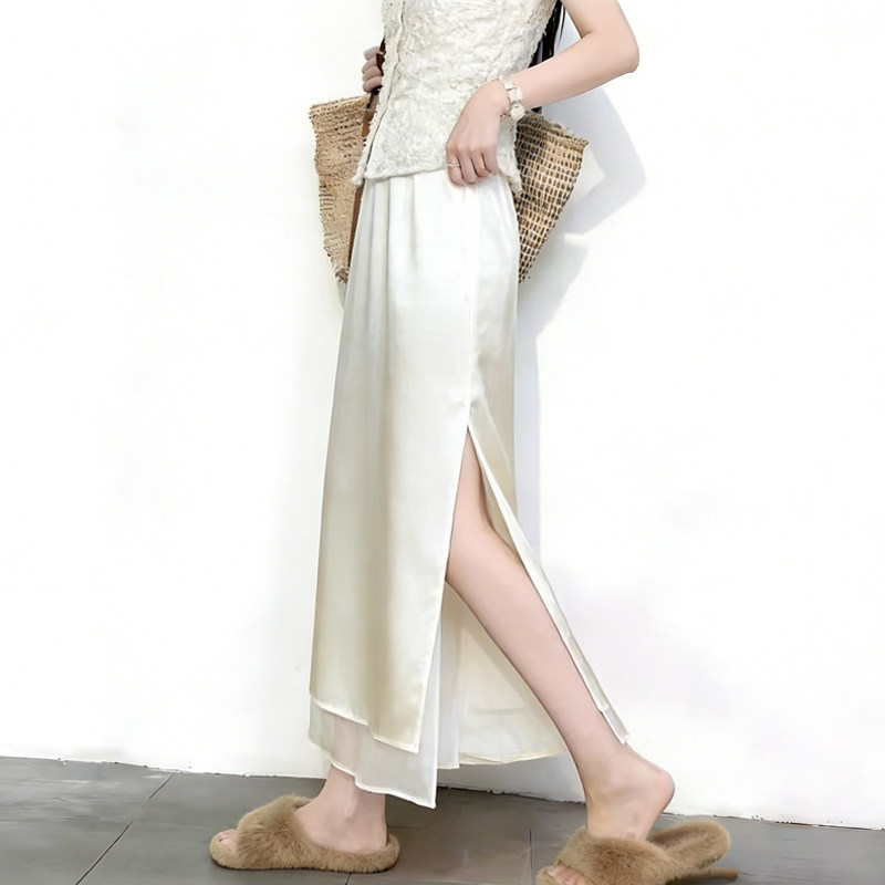 欧货高端定制米白色缎面大码半身裙女2026早春新款纱网拼接A字裙,女装/女士精品,大码半身裙,淘宝优惠券,粉丝福利购,淘宝优惠卷