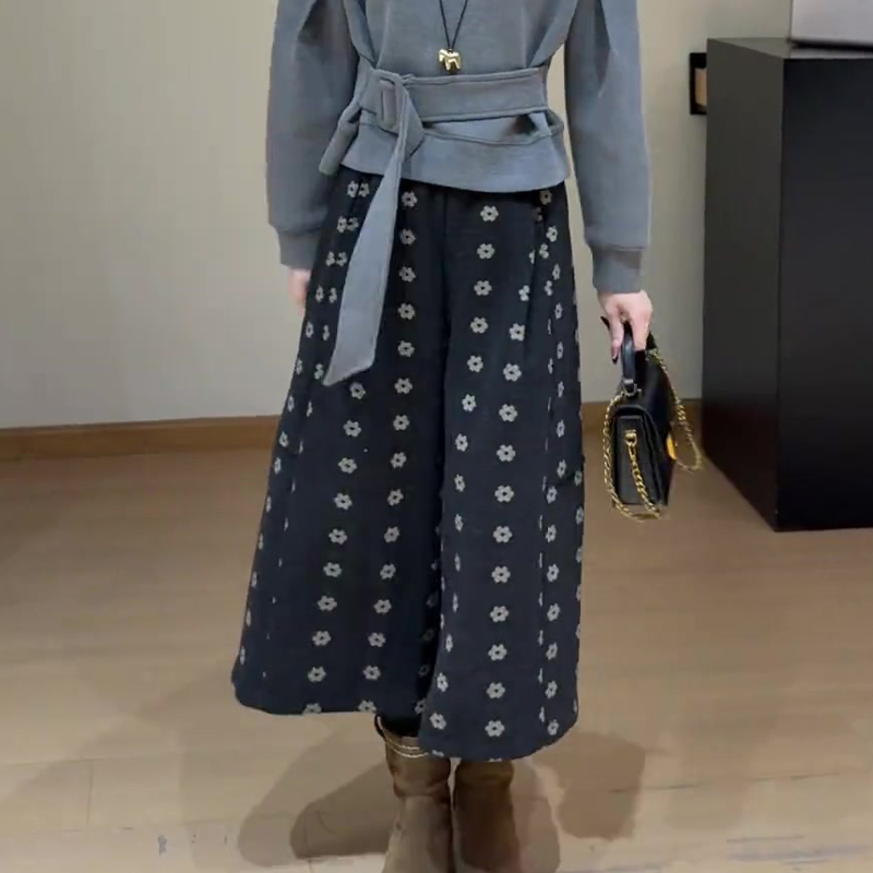 高端定制藏蓝色碎花大码阔腿裤女