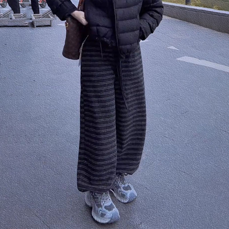 欧货定制灰色条纹毛呢大码裤女