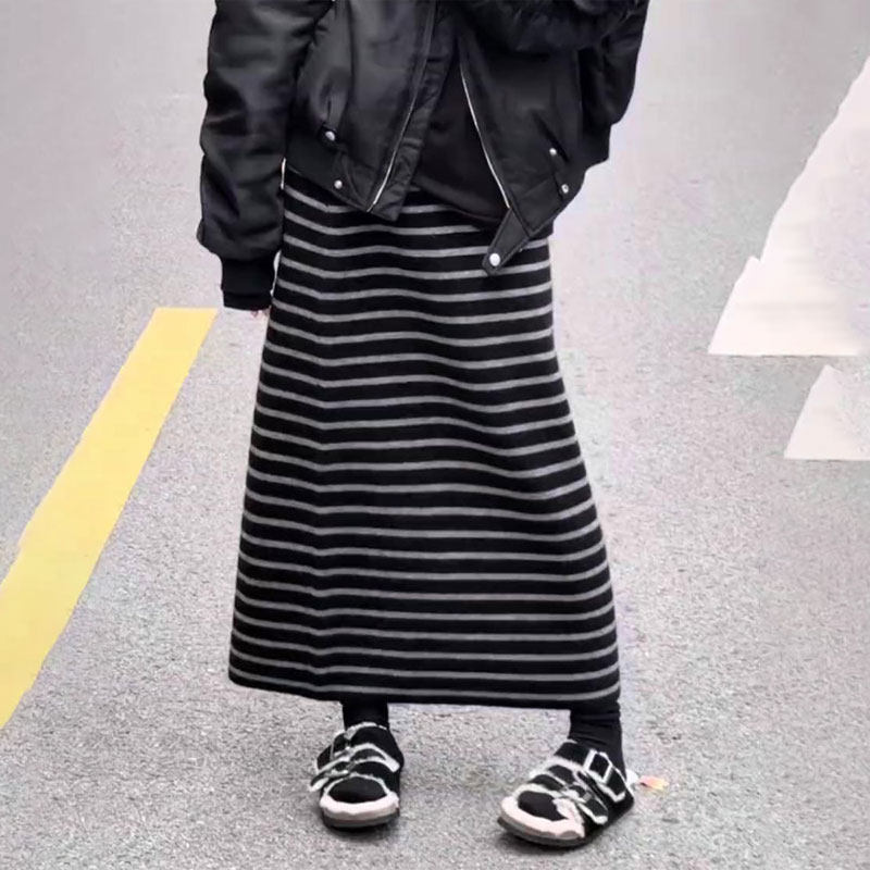 高端定制大码黑灰条纹半身裙女