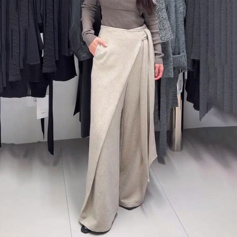 高端定制杏色绑带大码阔腿裤女