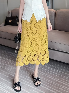 欧货正品淡黄色高级蕾丝镂空半身裙女2025夏季新款小众轻奢直筒裙