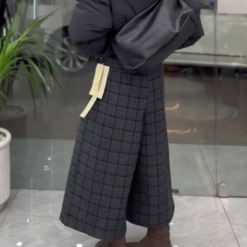 高端定制灰色毛呢大码格纹阔腿裤