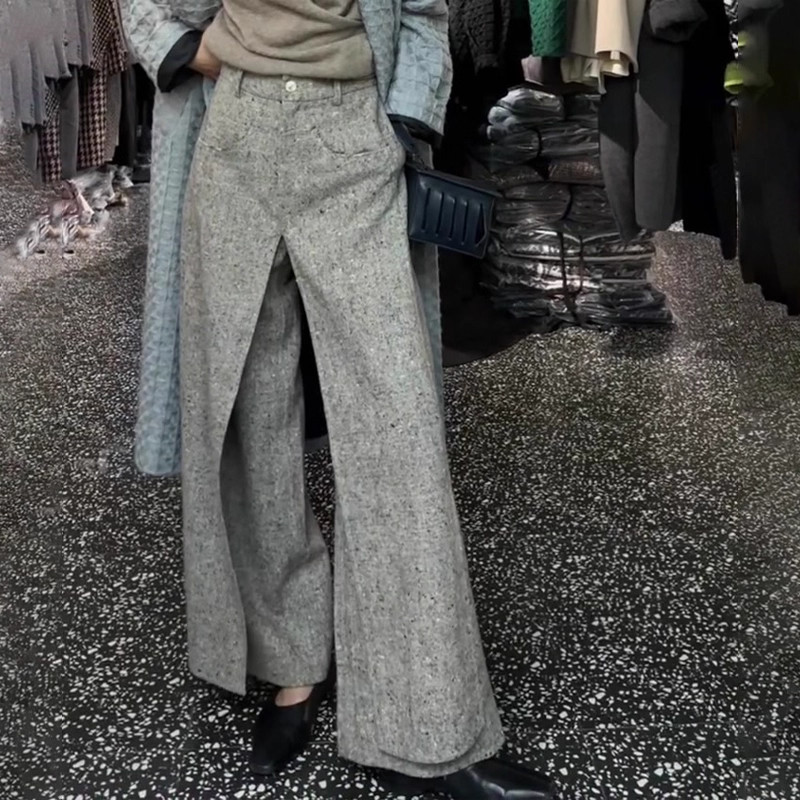 货高端定制花灰色毛呢大码阔腿裤女2025冬季新款加厚不规则直筒裤,女装/女士精品,大码裤装,淘宝优惠券,粉丝福利购,淘宝优惠卷