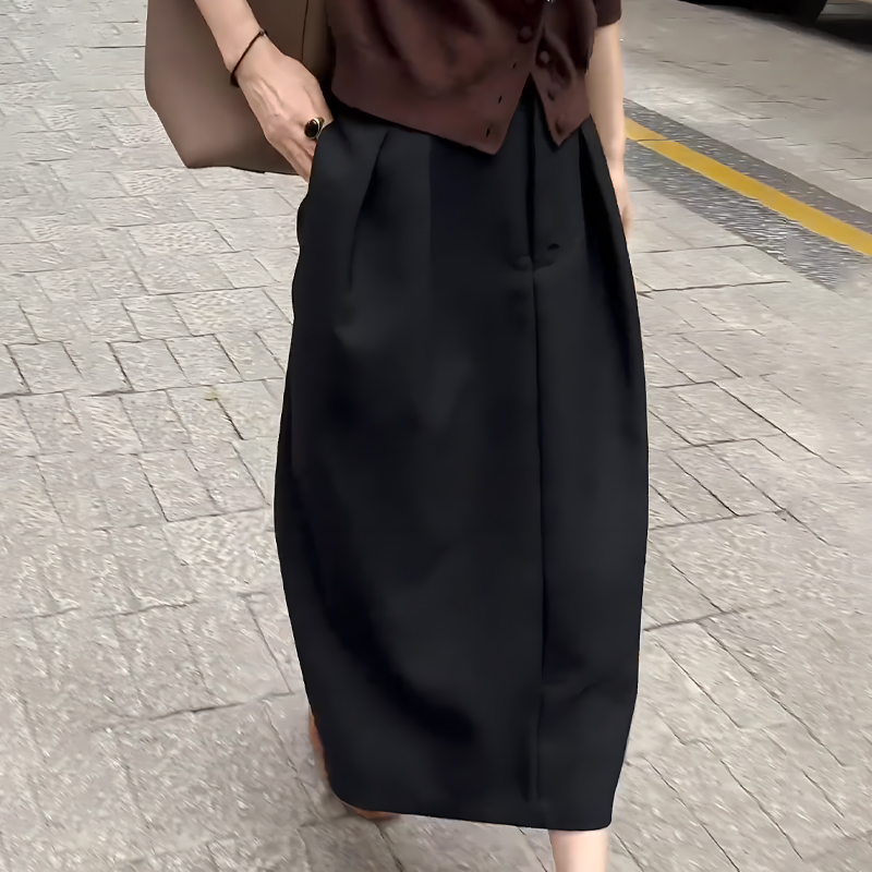 黑色大码长款褶皱半身裙女2025年夏季新款高腰遮胯显瘦垂感花苞裙