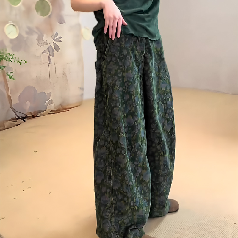 欧货大牌绿色碎花设计感阔腿裤女