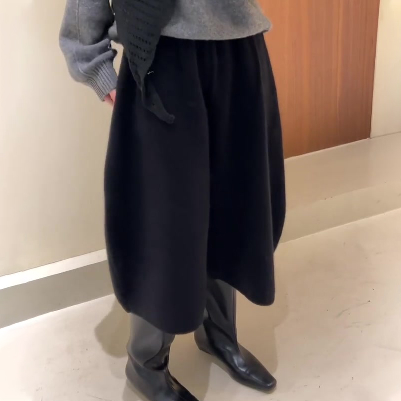 高端定制黑色极简七分毛呢阔腿裤