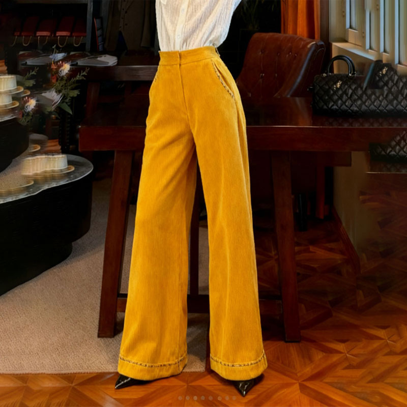 高端定制黄色灯芯绒大码阔腿裤女
