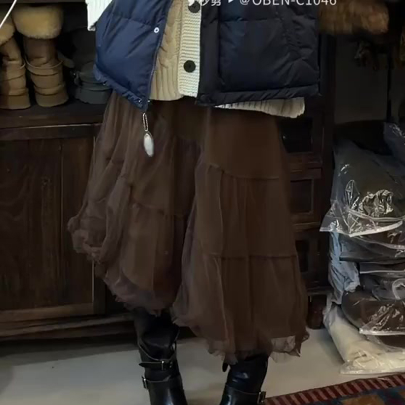 欧货高端定制咖色网纱大码半身裙