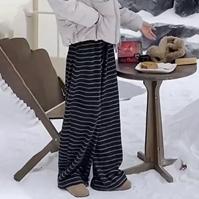 定制深灰色毛呢大码条纹阔腿裤女