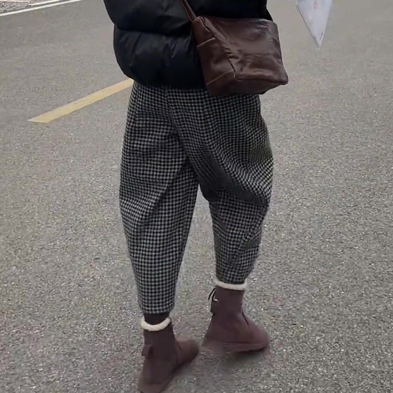 高端定制灰色毛呢大码格子阔腿裤