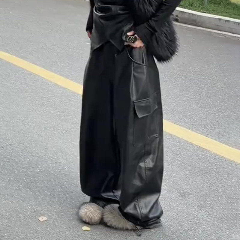 欧货高端定制黑色大码阔腿pu皮裤