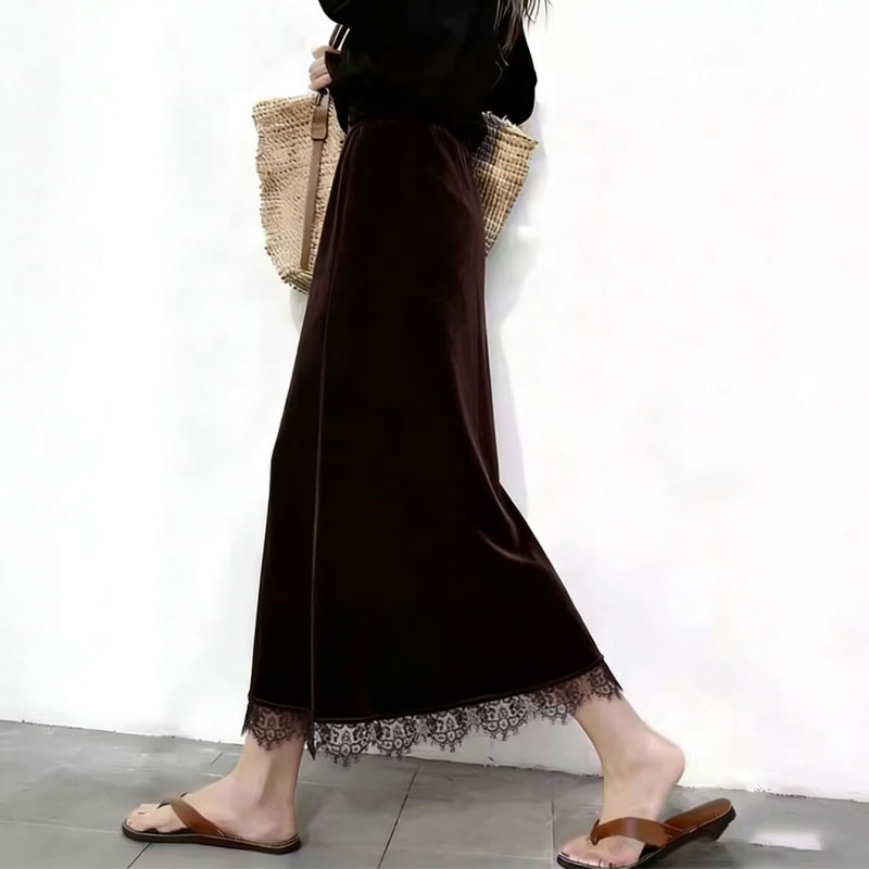 棕色丝绒蕾丝边大码半身裙女