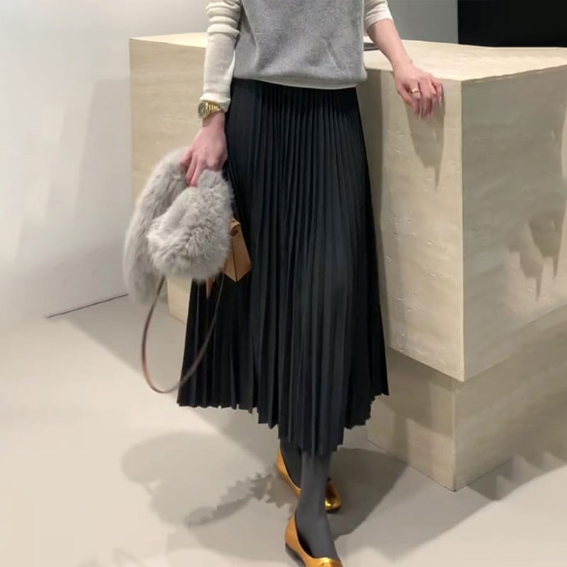 高端定制深灰色大码半身百褶裙女