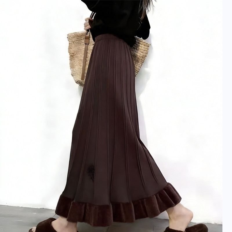 欧货高端定制深咖色大码半身裙女2026早春新款毛绒拼接慵懒大摆裙,女装/女士精品,大码半身裙,淘宝优惠券,粉丝福利购,淘宝优惠卷
