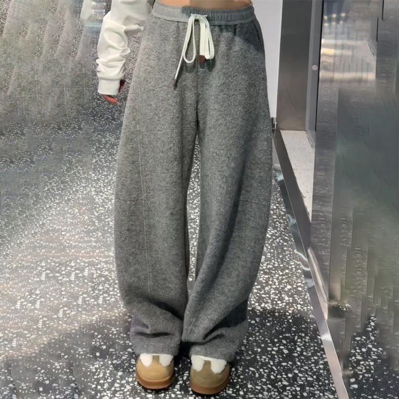 灰色大码宽松百搭弯刀裤女2025年春季新款松紧腰运动休闲风香蕉裤