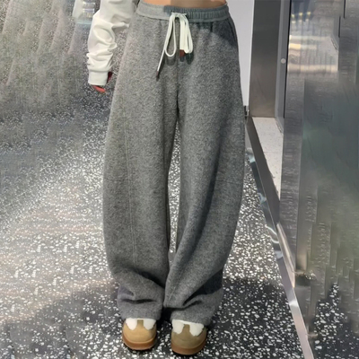 灰色大码宽松毛呢加厚弯刀裤子女