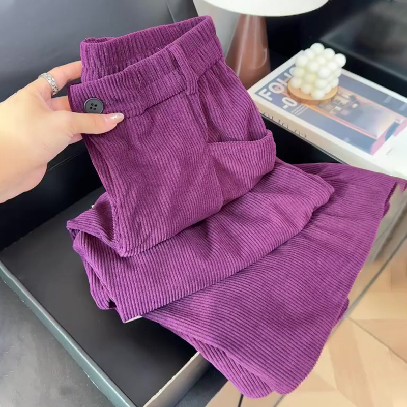 高端定制紫色灯芯绒大码阔腿裤女