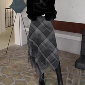 新款 欧货高端定制灰色格纹大码 半身裙女2025冬季 加厚流苏a字裙子