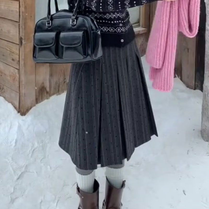 欧货灰色波点大码半身百褶裙女