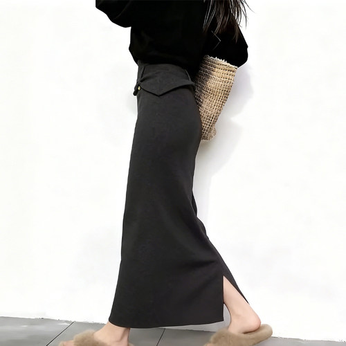 高端定制深灰色毛呢大码半身裙女