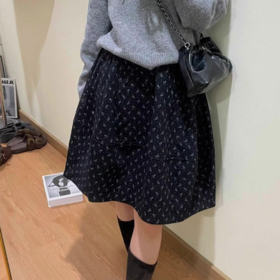 欧货高端定制深蓝色毛呢半身裙女