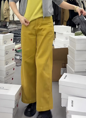 欧货正品黄色修身显瘦大码阔腿裤女2025冬季新款简约大气直筒裤子