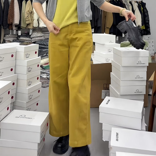 欧货正品黄色修身显瘦大码阔腿裤