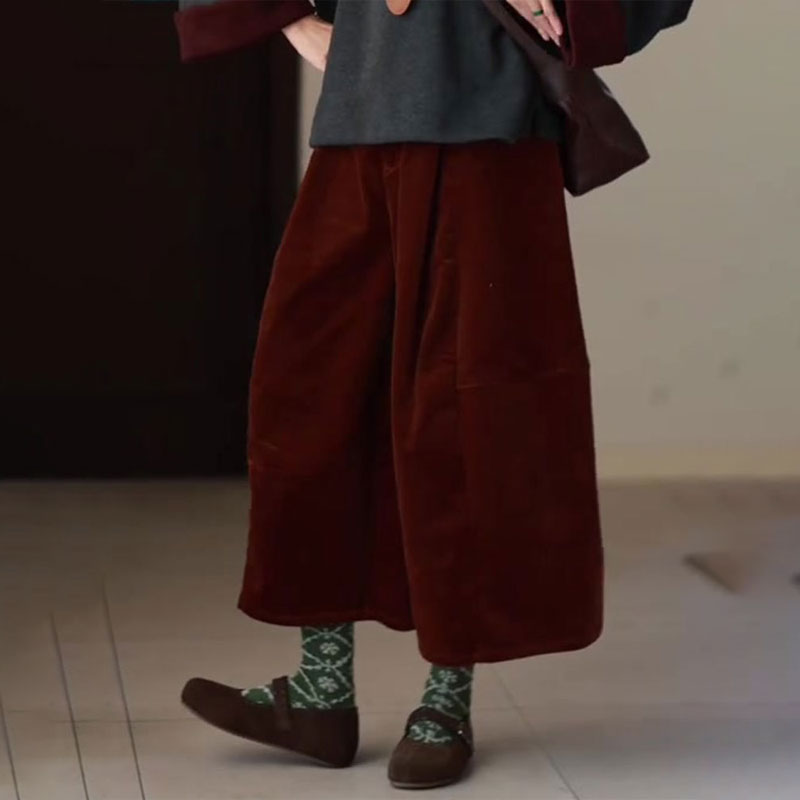 欧货高端深红色灯芯绒大码阔腿裤