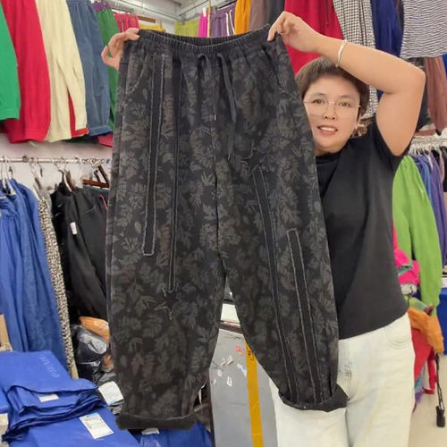 高端定制黑色印花大码阔腿裤女