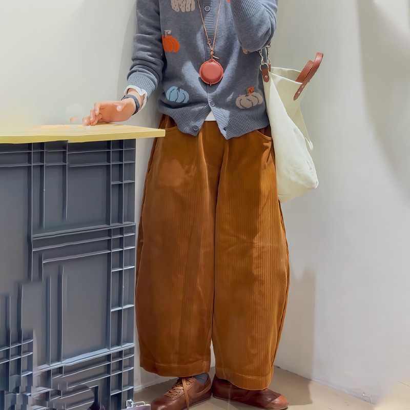 高端定制橘棕色灯芯绒大码阔腿裤