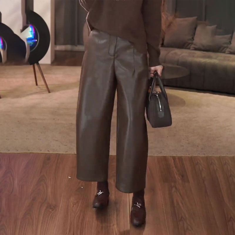 欧货高端定制棕色大码阔腿皮裤女